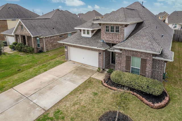 view of front facade with an attached garage, brick siding, driveway, roof with shingles, and a front lawn