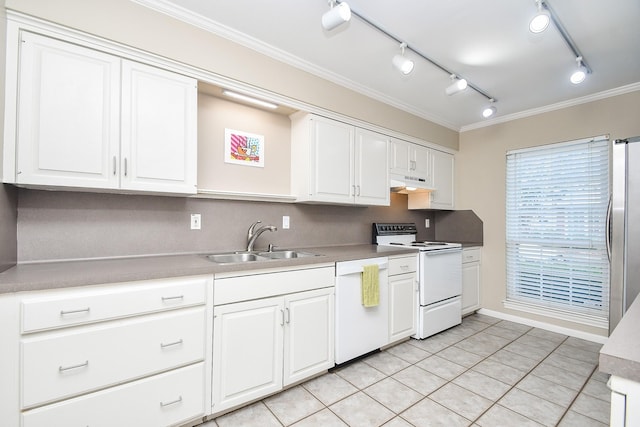 kitchen featuring white appliances, white cabinets, light tile patterned flooring, ornamental molding, and sink