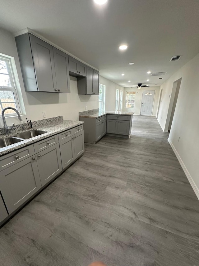 kitchen featuring sink, gray cabinetry, wood-type flooring, and a healthy amount of sunlight