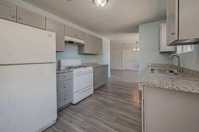 kitchen featuring white appliances, a textured ceiling, light hardwood / wood-style floors, gray cabinets, and sink