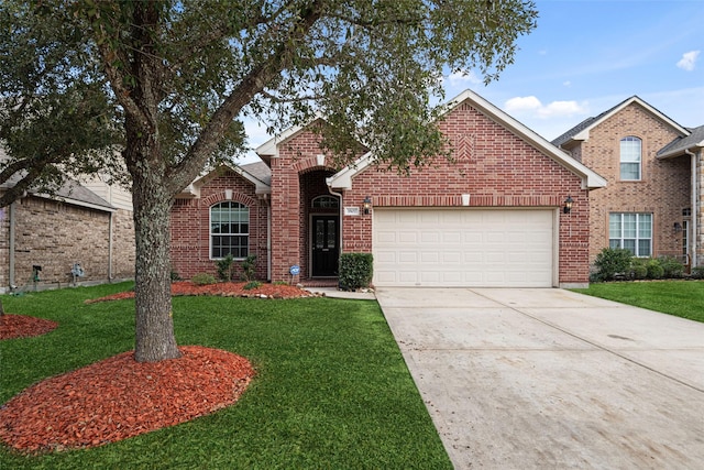 traditional-style house featuring a garage, driveway, brick siding, and a front lawn