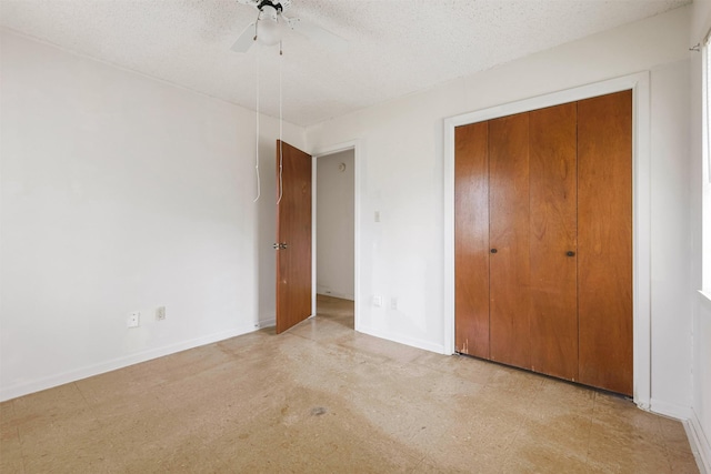 unfurnished bedroom featuring a closet, ceiling fan, and a textured ceiling