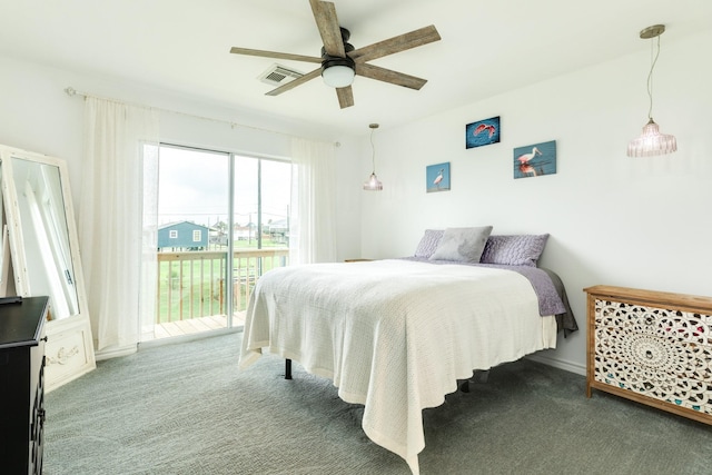 bedroom with dark carpet, ceiling fan, and access to outside