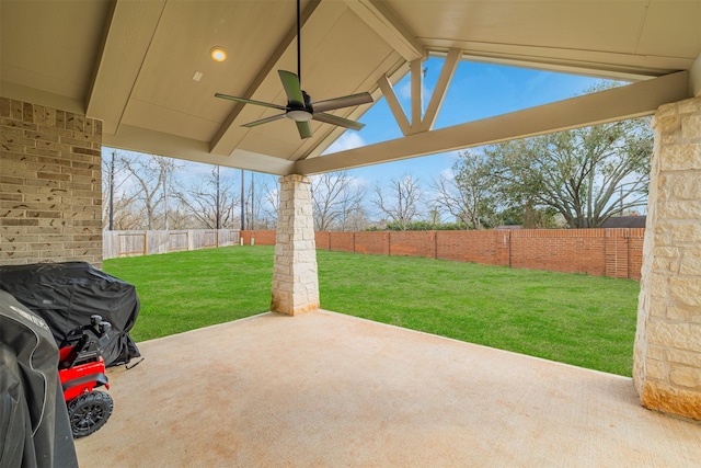 view of patio featuring ceiling fan