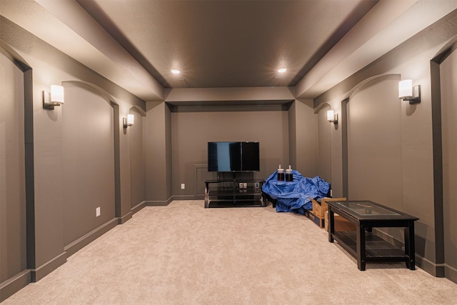 carpeted cinema featuring a raised ceiling