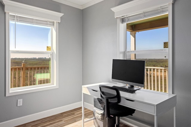 1623 Bay Meadows St, Galveston, TX 77554 - office with baseboards, wood finished floors, and ornamental molding
