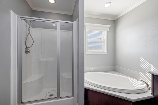1623 Bay Meadows St, Galveston, TX 77554 - bathroom with recessed lighting, a stall shower, a garden tub, and ornamental molding