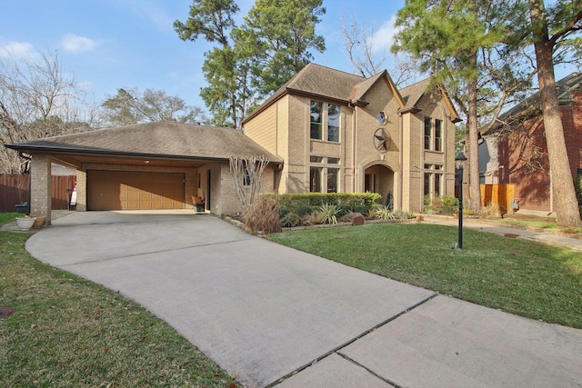 view of front of home with a front yard and a garage