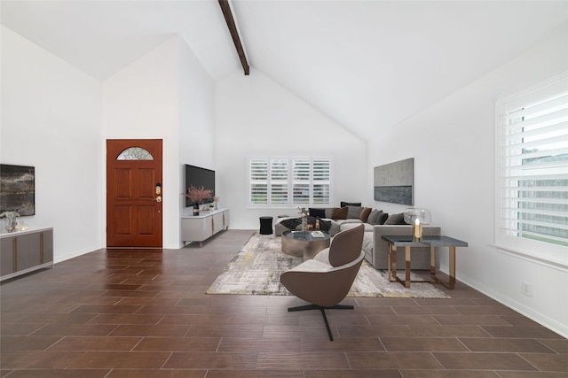 living room with high vaulted ceiling, beamed ceiling, and dark hardwood / wood-style floors