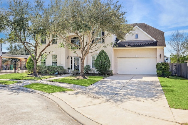 view of front of house featuring brick siding, an attached garage, a front yard, and fence