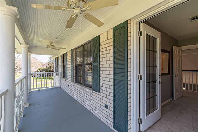 view of patio with covered porch, visible vents, and ceiling fan