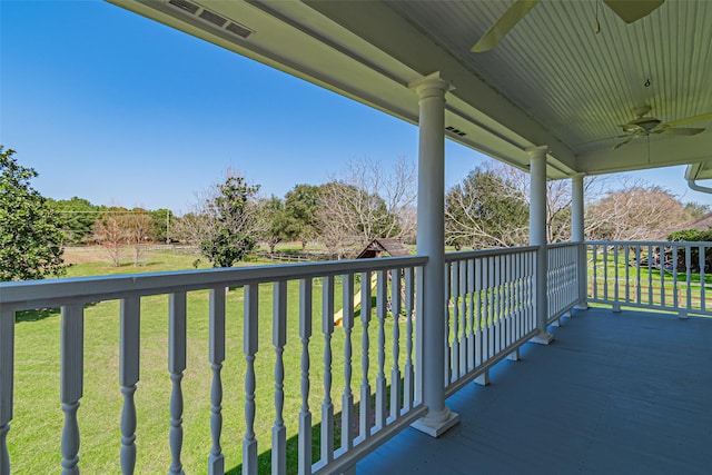 balcony with a ceiling fan