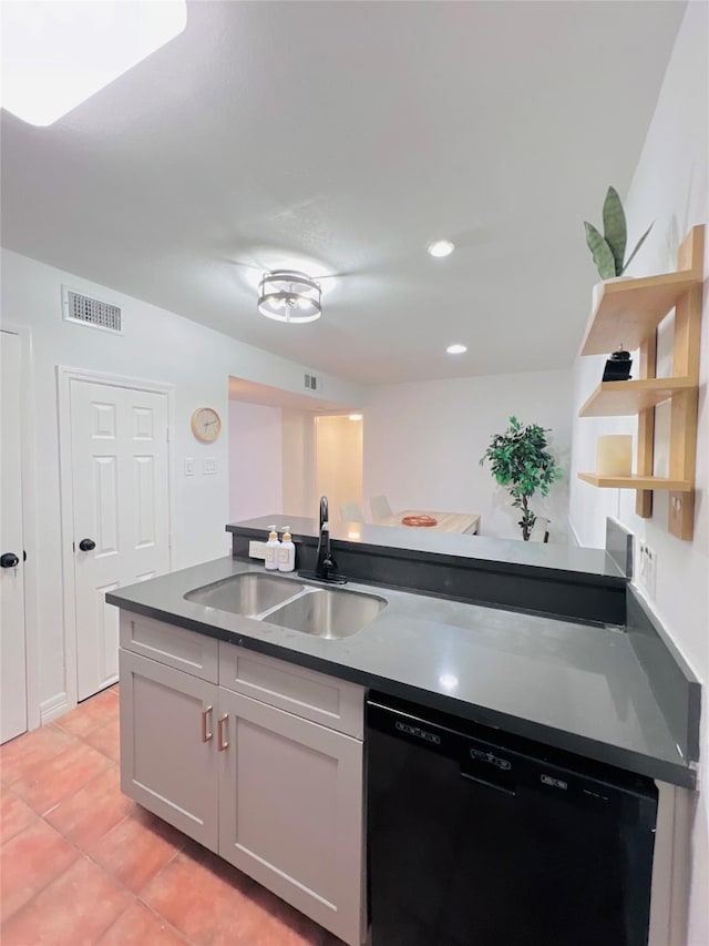 kitchen featuring light tile patterned floors, a sink, visible vents, black dishwasher, and open shelves