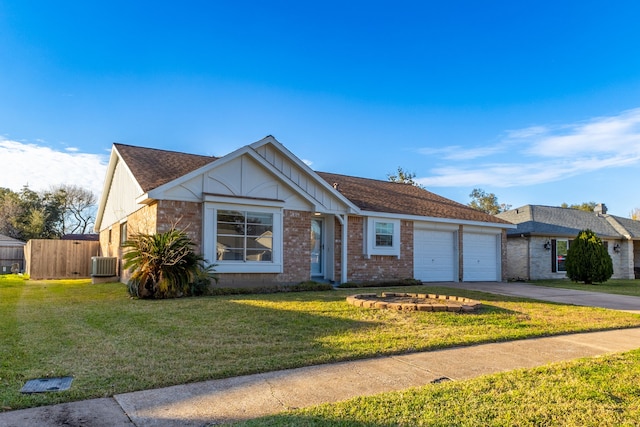 single story home with central AC unit, a front lawn, and a garage