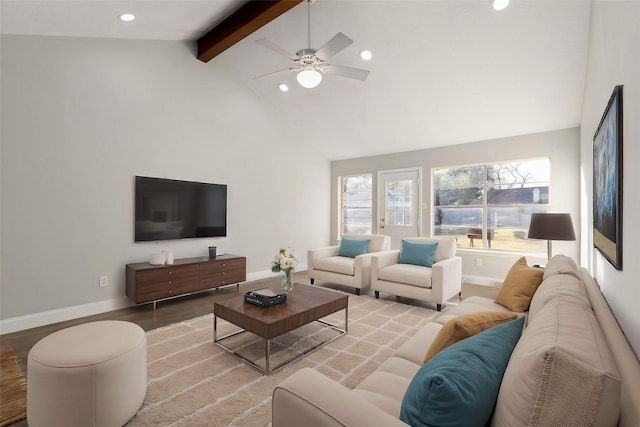 living room featuring hardwood / wood-style flooring, beamed ceiling, high vaulted ceiling, and ceiling fan