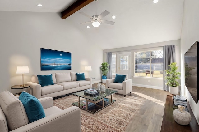 living room with baseboards, wood finished floors, high vaulted ceiling, beam ceiling, and recessed lighting