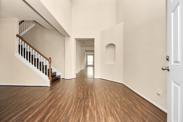 foyer with a high ceiling and dark hardwood / wood-style floors