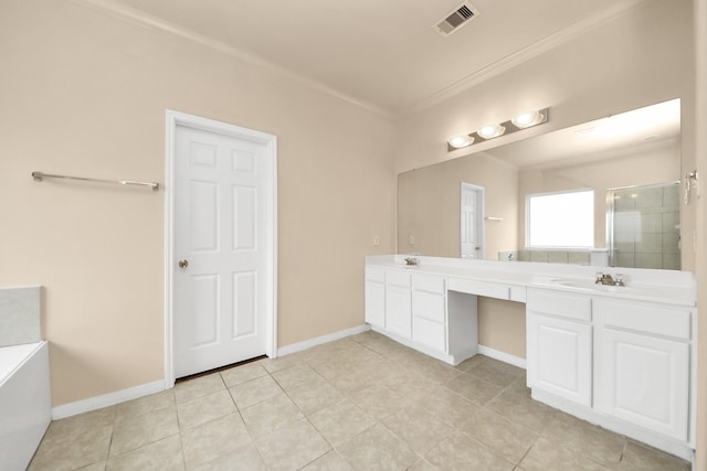 bathroom with crown molding, plus walk in shower, tile patterned floors, and vanity