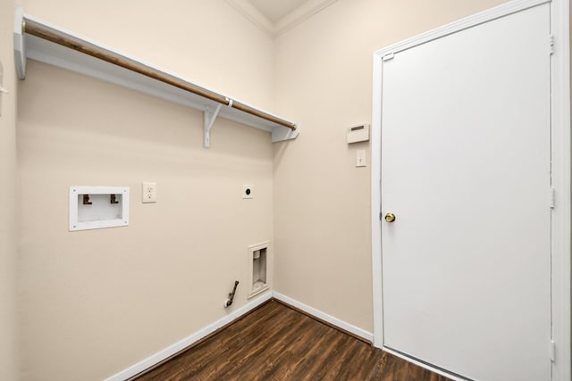 clothes washing area featuring hookup for an electric dryer, hookup for a washing machine, hookup for a gas dryer, crown molding, and dark hardwood / wood-style floors