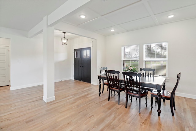 dining room with light wood-type flooring, baseboards, coffered ceiling, and recessed lighting