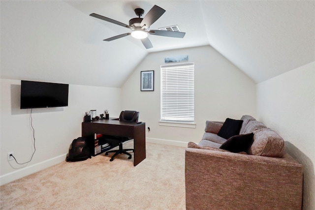 office featuring lofted ceiling, light colored carpet, a ceiling fan, baseboards, and visible vents