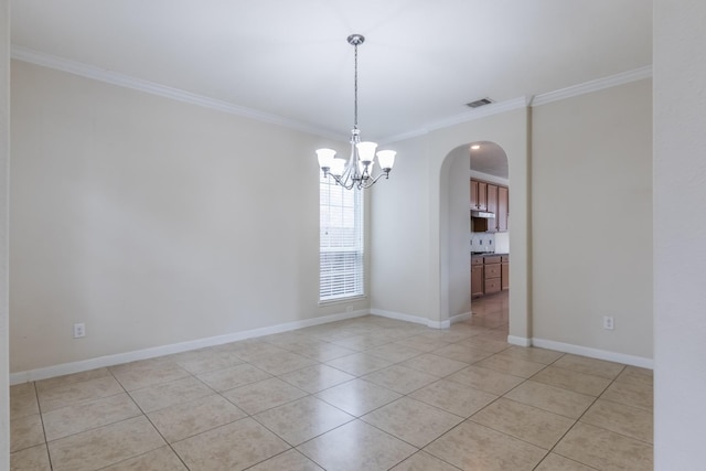 unfurnished room with light tile patterned flooring, a notable chandelier, and ornamental molding