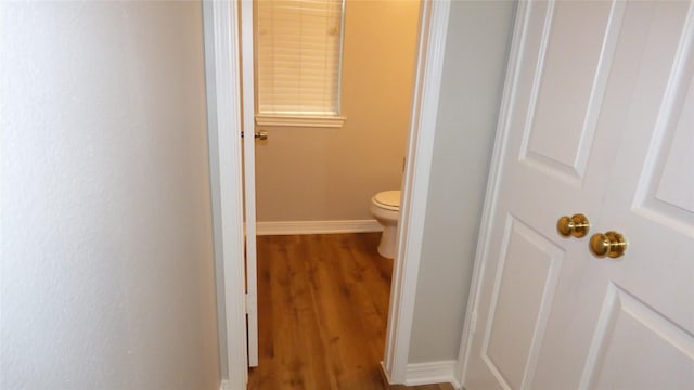 bathroom with toilet and hardwood / wood-style floors