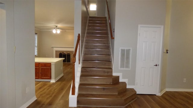 stairs with hardwood / wood-style floors and ceiling fan