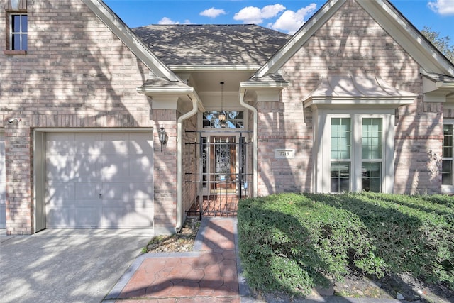 doorway to property with an attached garage, brick siding, concrete driveway, and a shingled roof