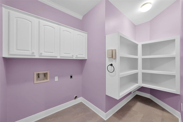 washroom with hookup for an electric dryer, hookup for a washing machine, baseboards, cabinet space, and crown molding