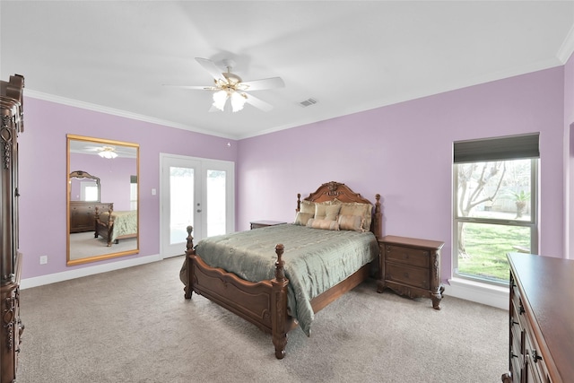 bedroom with light carpet, french doors, access to outside, ornamental molding, and a ceiling fan