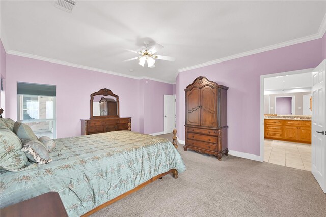 bedroom with light colored carpet, crown molding, baseboards, connected bathroom, and ceiling fan