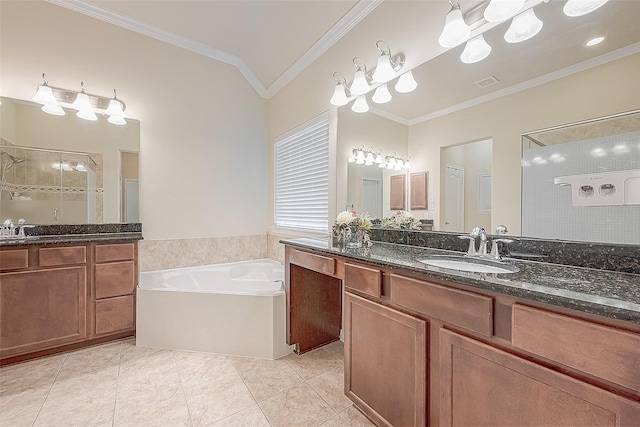 bathroom featuring crown molding, plus walk in shower, tile patterned flooring, and vanity