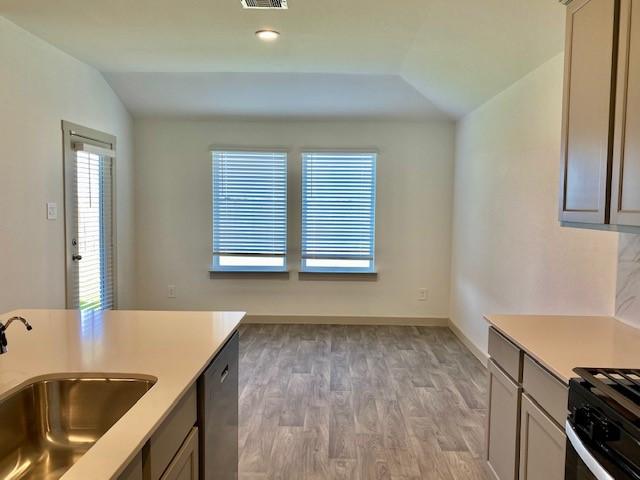 kitchen with lofted ceiling, range, light hardwood / wood-style floors, sink, and stainless steel dishwasher