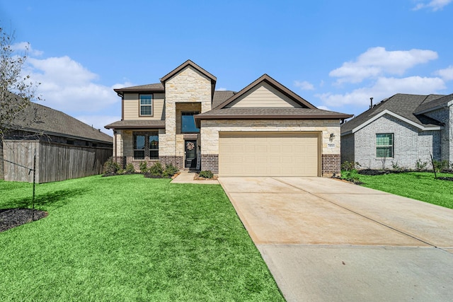 view of front of property with a garage, a front yard, fence, and driveway