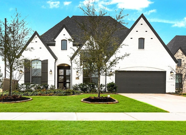 french country style house featuring a front lawn and a garage