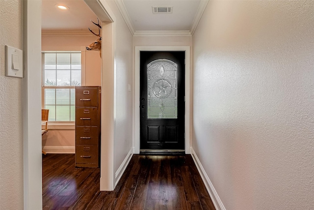 entryway with dark wood-type flooring and crown molding