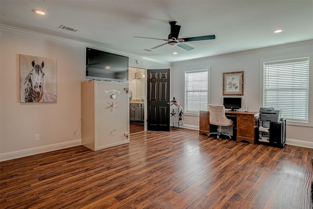 office area with crown molding, dark hardwood / wood-style floors, and ceiling fan