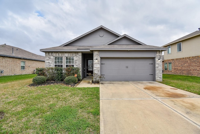 ranch-style home with a front yard and a garage