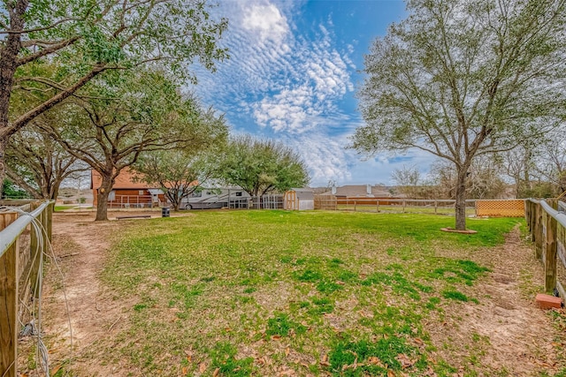 view of yard featuring a storage shed and a fenced backyard