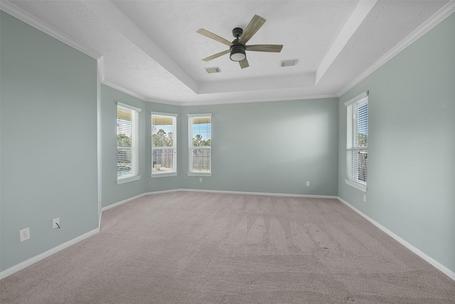 spare room with carpet floors, a raised ceiling, visible vents, and baseboards