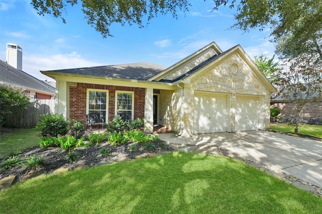 ranch-style house with a front lawn and a garage