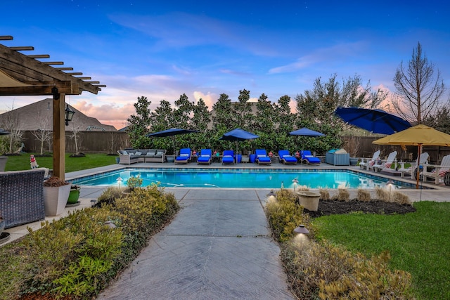 view of pool featuring a fenced in pool, a patio, a fenced backyard, an outdoor hangout area, and a pergola