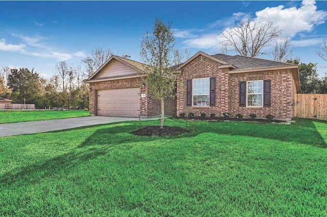 ranch-style house featuring brick siding, fence, a garage, driveway, and a front lawn