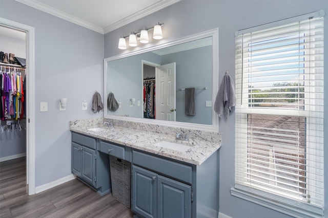 bathroom with vanity, crown molding, and wood-type flooring