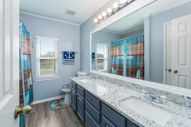 bathroom with toilet, vanity, crown molding, and wood-type flooring