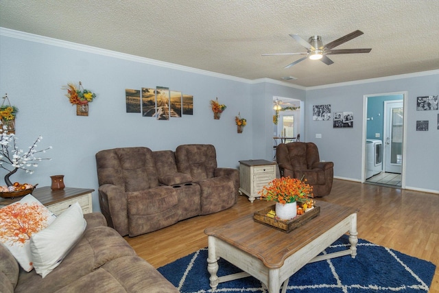 living room featuring hardwood / wood-style flooring, ornamental molding, washer / clothes dryer, and a textured ceiling