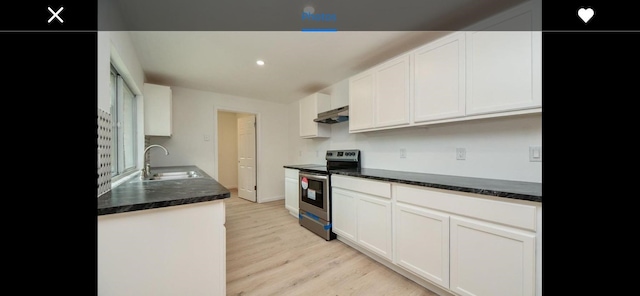 kitchen featuring white cabinets, light wood-type flooring, sink, and stainless steel electric stove