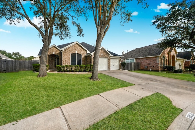 single story home featuring a front yard, concrete driveway, brick siding, and fence