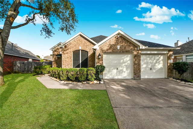 single story home featuring a garage, brick siding, fence, driveway, and a front lawn